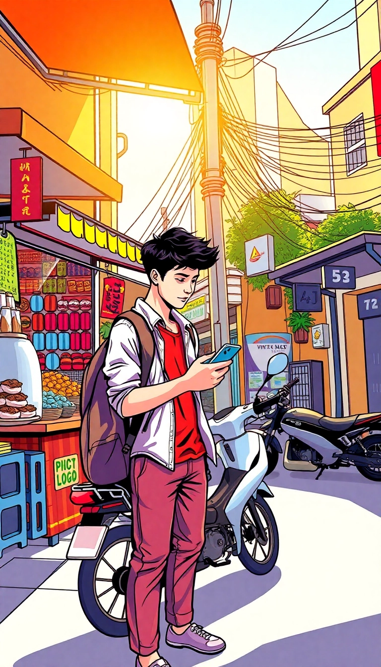 Vietnam street: traveler with smartphone, local life.