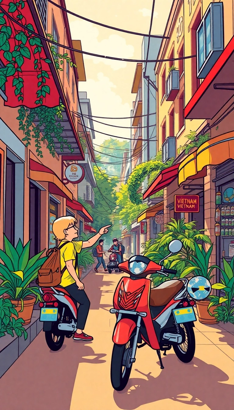 Vietnamese street: tourist guided by local.