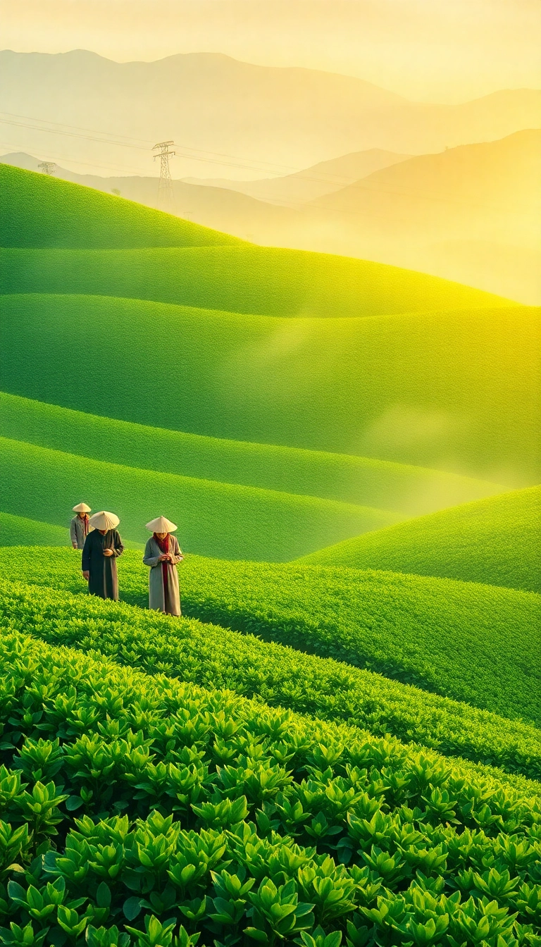 Vietnamese tea fields at sunrise.