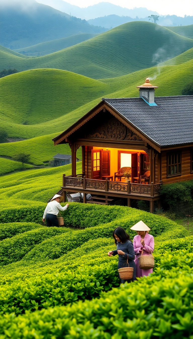 Vietnamese tea fields with traditional house.