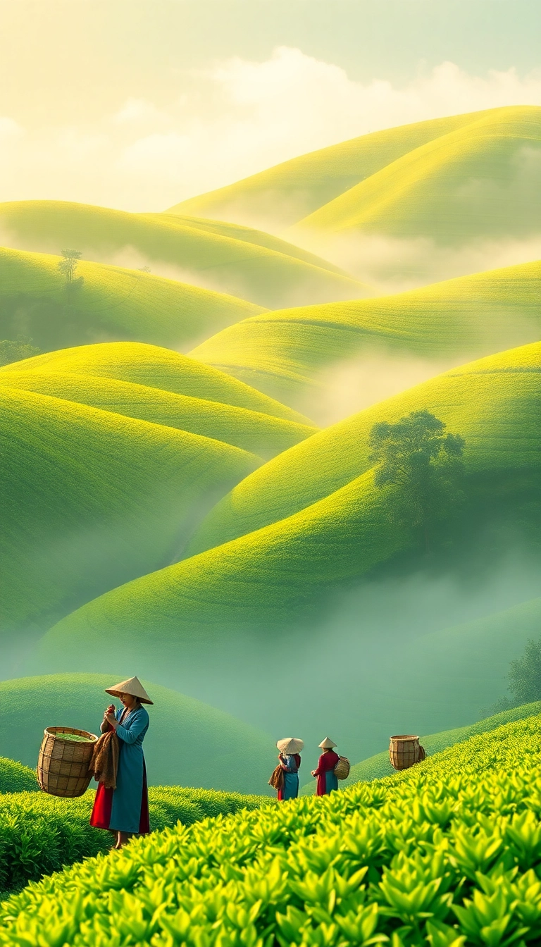 Vietnamese tea fields, workers harvesting leaves.