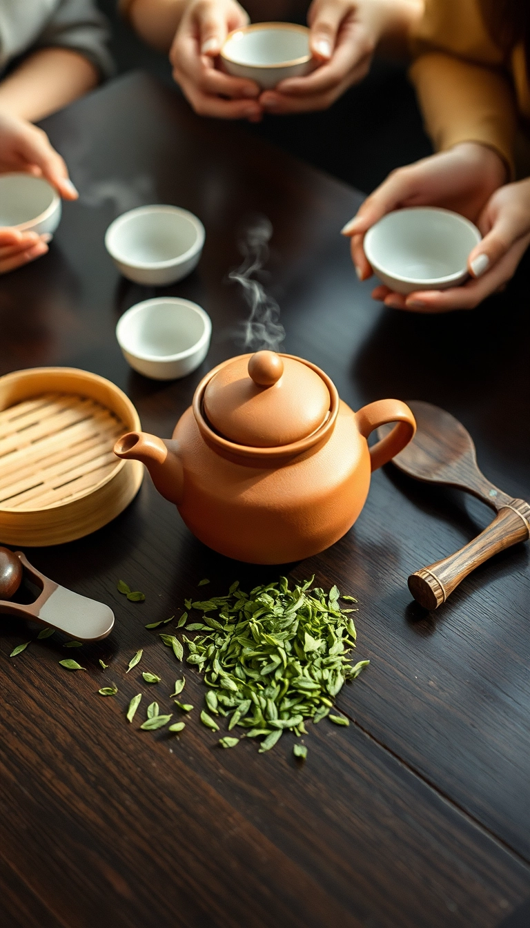 Vietnamese tea set with steaming teapot.
