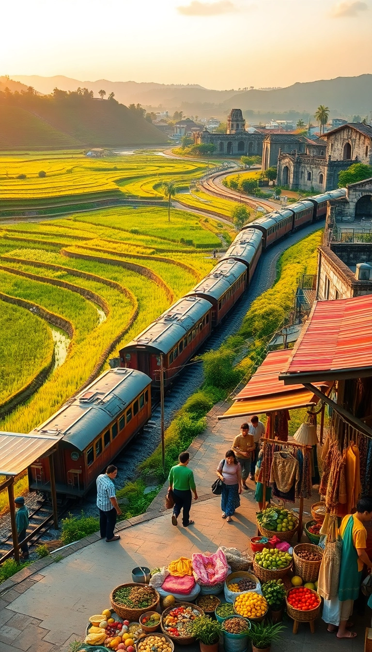 Vietnamese train through rice paddies & market.