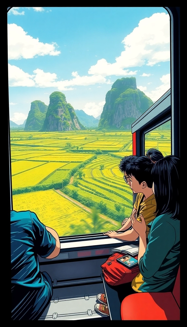Vietnamese train view: rice paddies, karst mountains.
