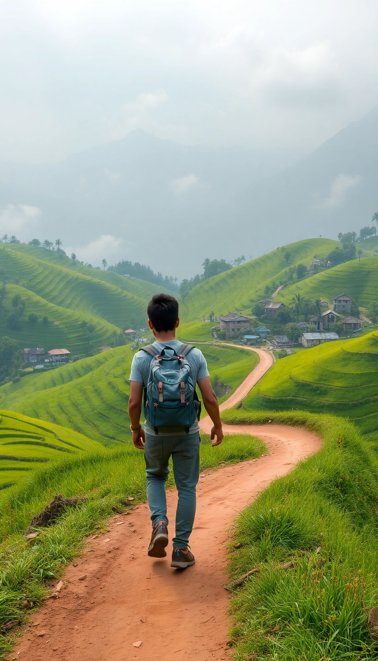Vietnamese traveler hiking rice terraces.