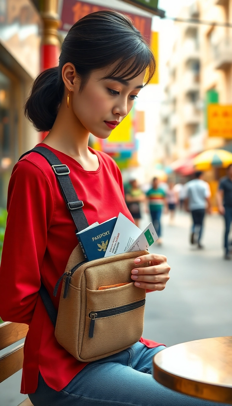 Vietnamese traveler organizing travel documents in Hanoi.
