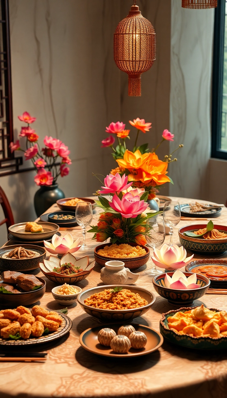 Vietnamese wedding feast with lotus flowers.