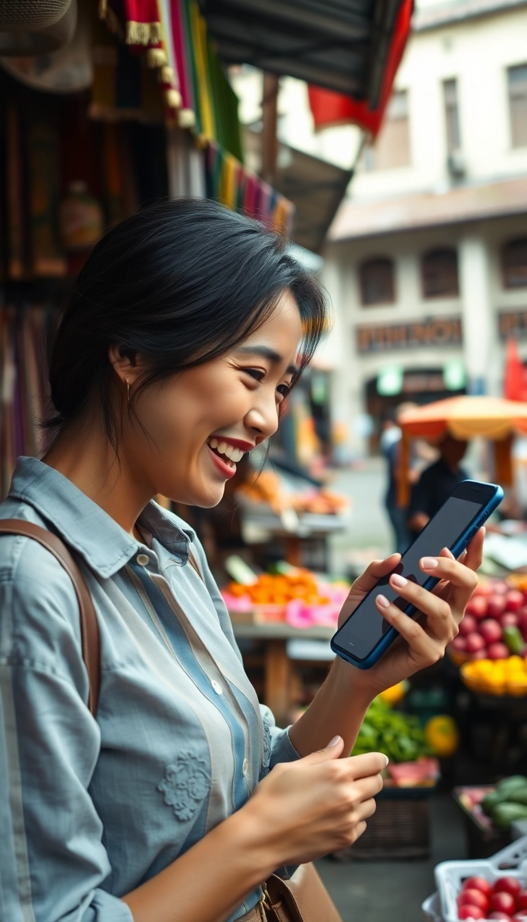 Vietnamese woman booking flight, market background.
