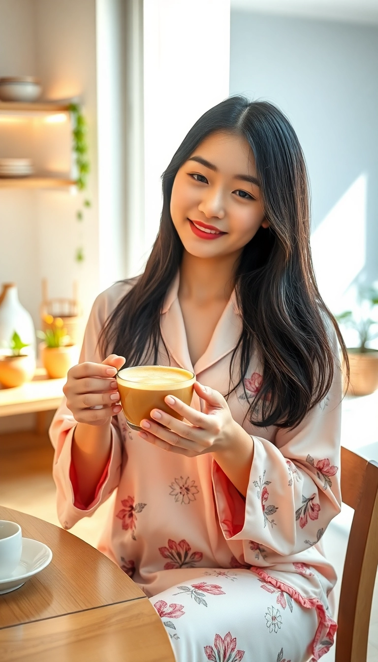 Vietnamese woman enjoys egg coffee at home.