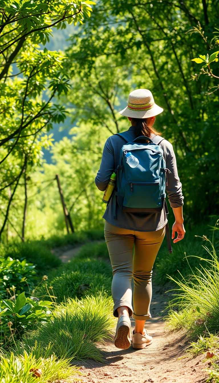 Vietnamese woman hiking lush Vietnam trail.