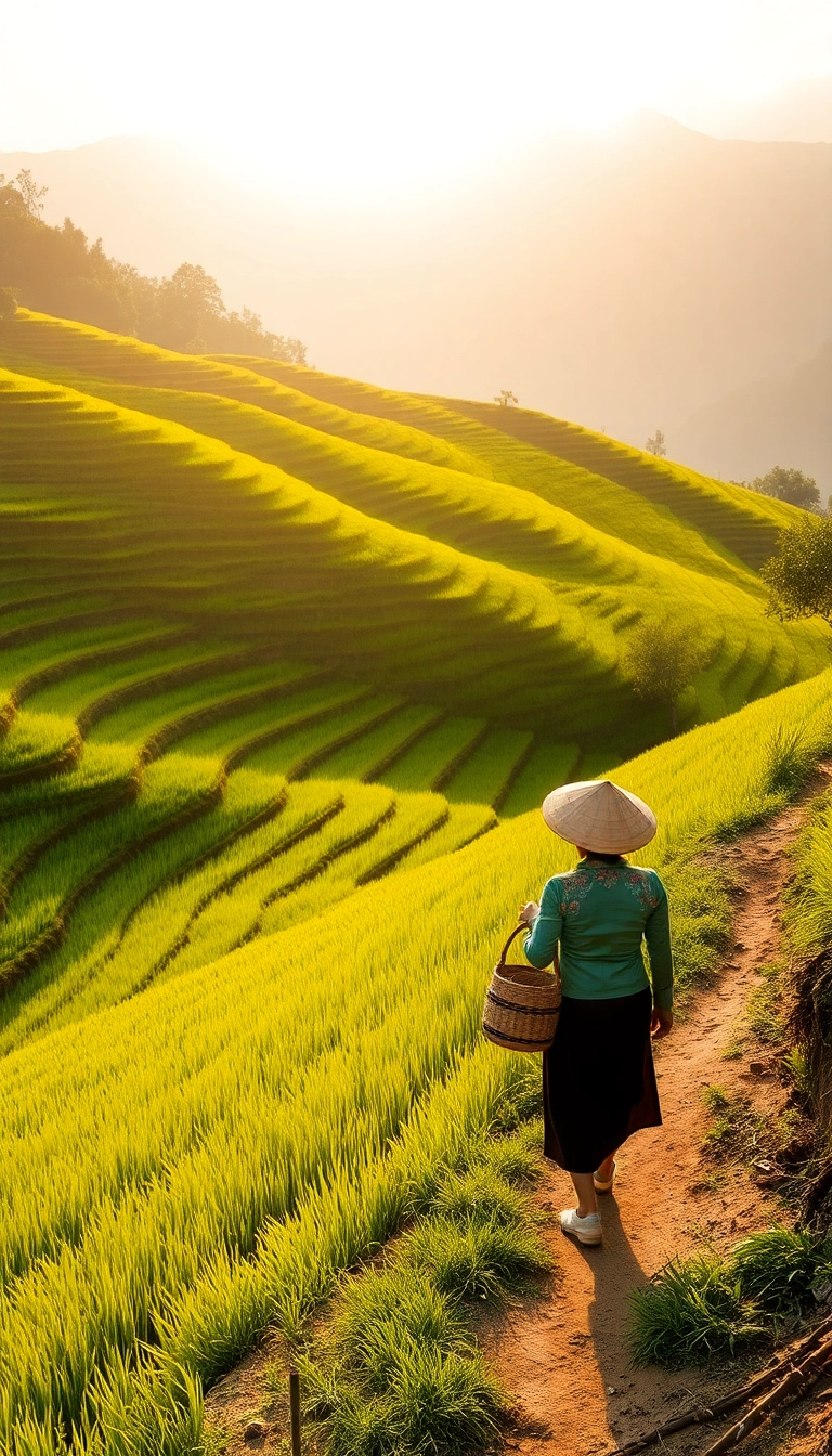 Vietnamese woman in rice paddies landscape.