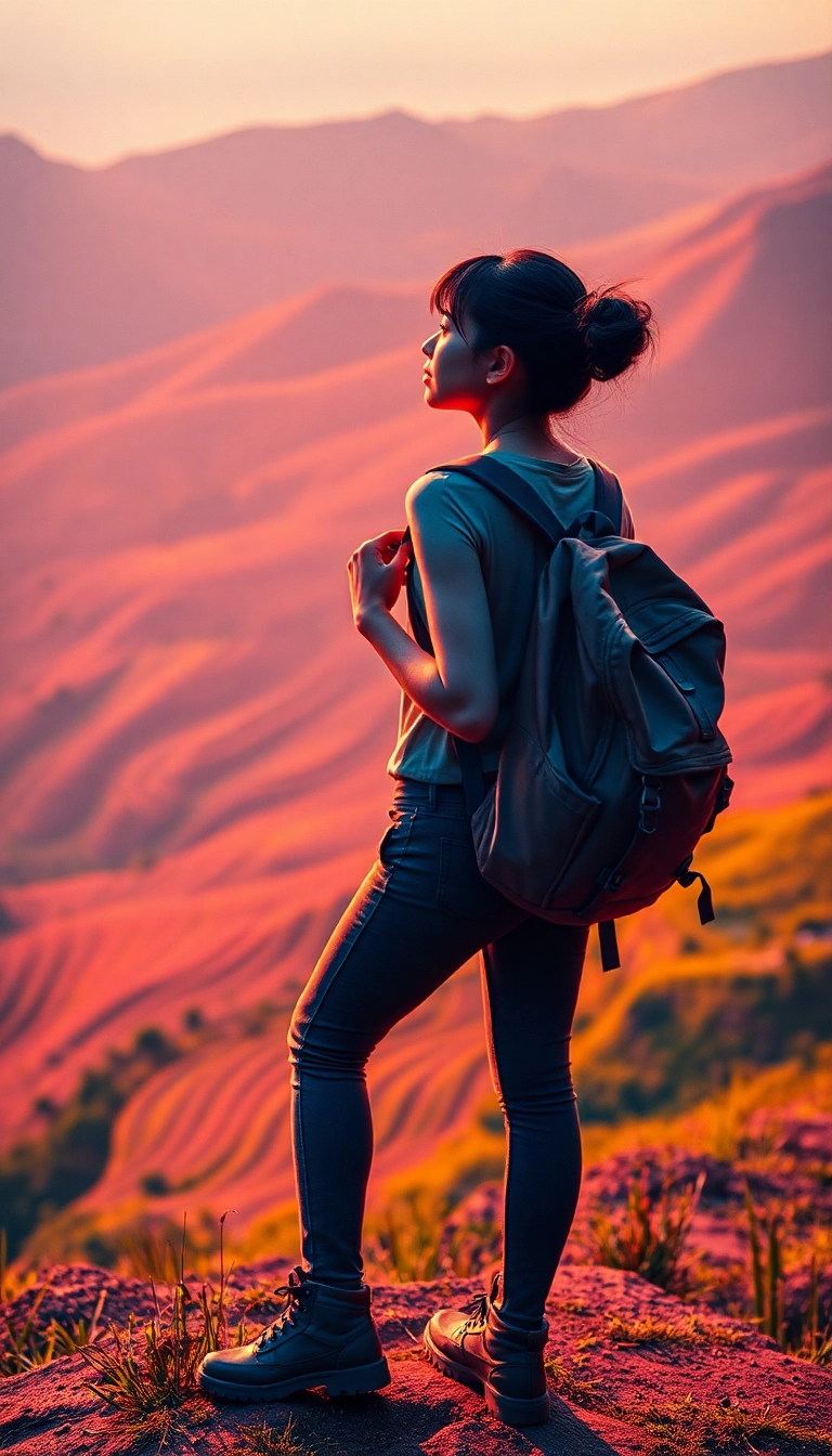 Vietnamese woman overlooks scenic rice paddies.