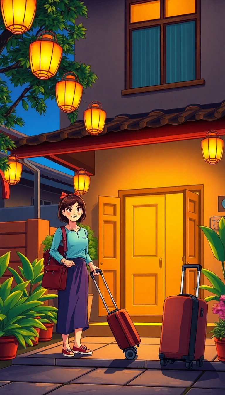 Welcoming Vietnamese guesthouse arrival at dusk.