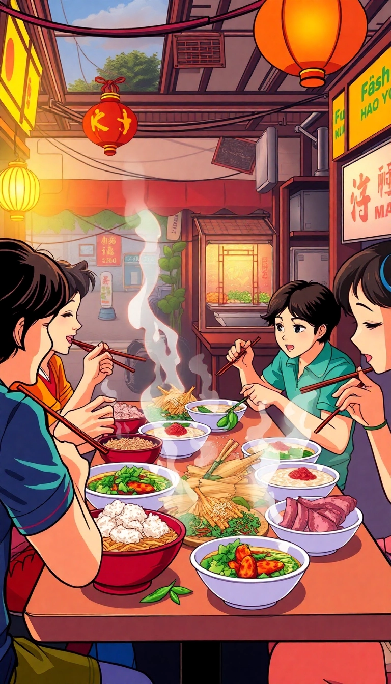 Vietnamese street food: rice dishes & diners.