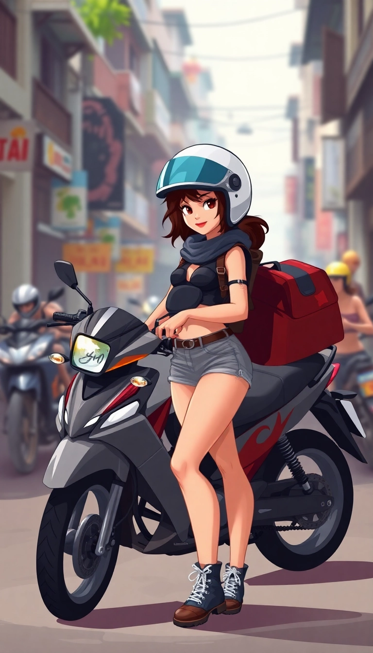 Confident woman in gear beside motorbike in Vietnam