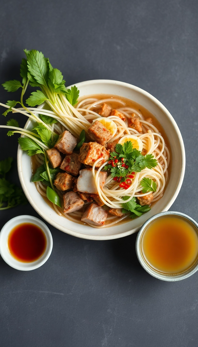 Modern pho with noodles herbs meat and broth