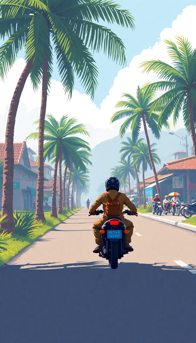 Motorcyclist rides tropical road with palm trees