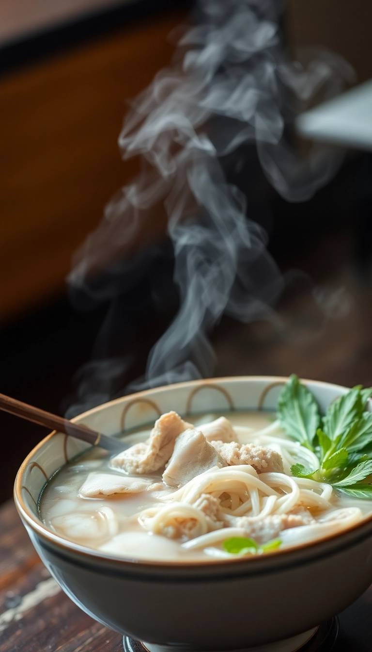 Steaming bowl of pho with ginger and scallions