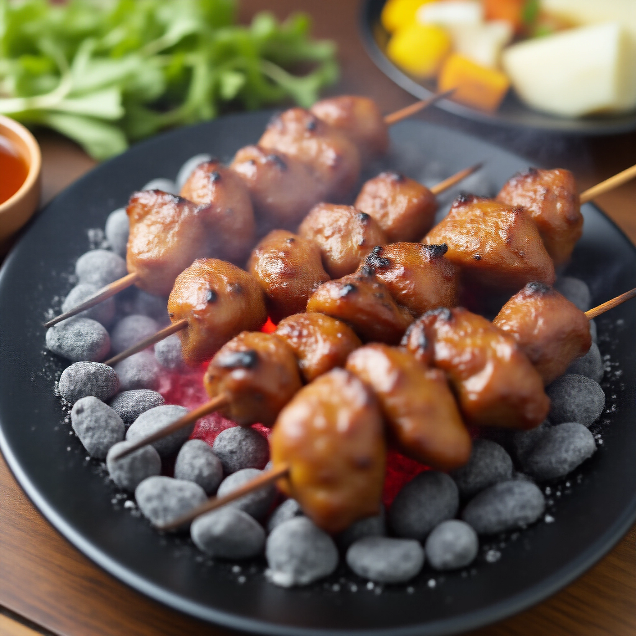Marinated skewers sizzling on charcoal grill