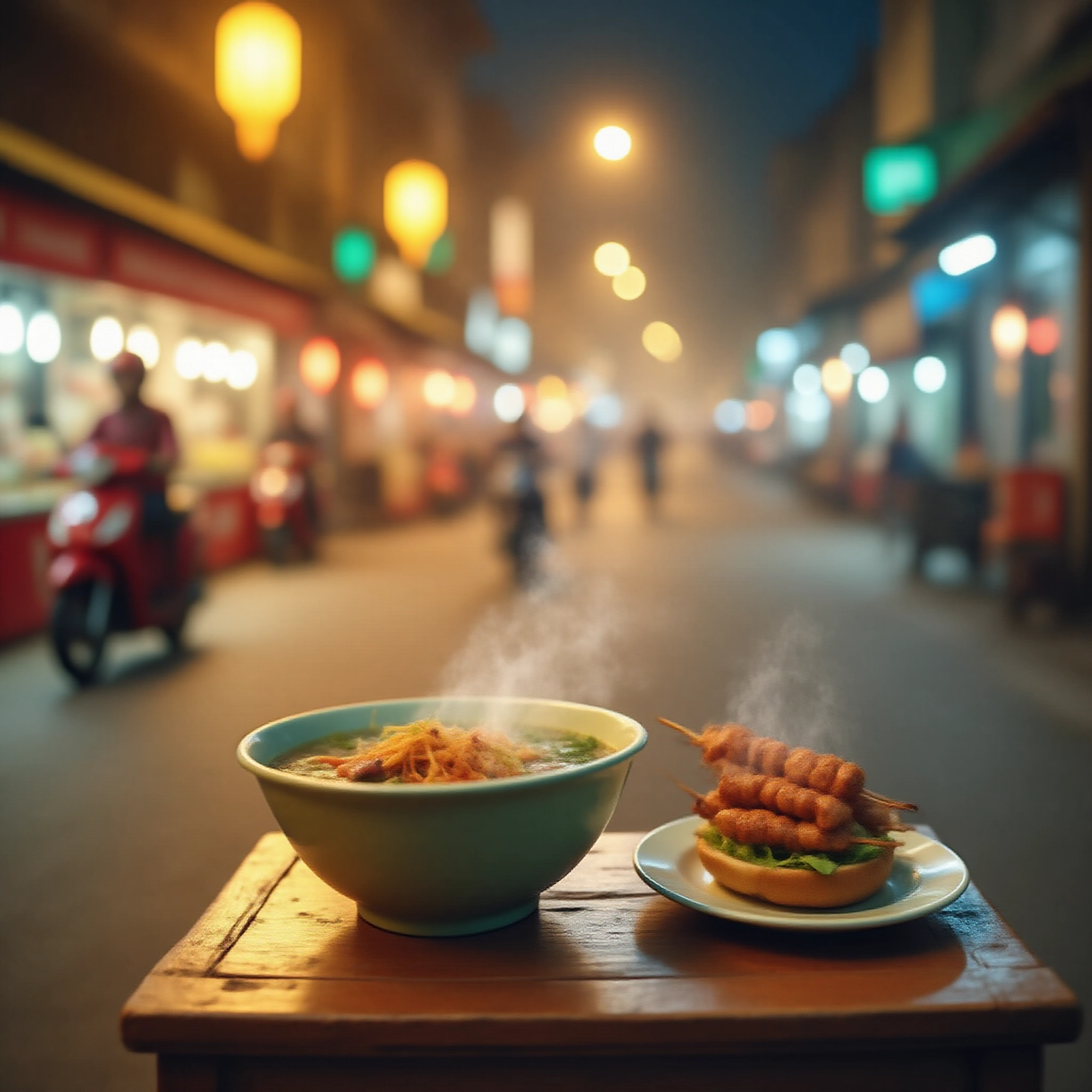 Pho bowl and grilled pork at street food stall