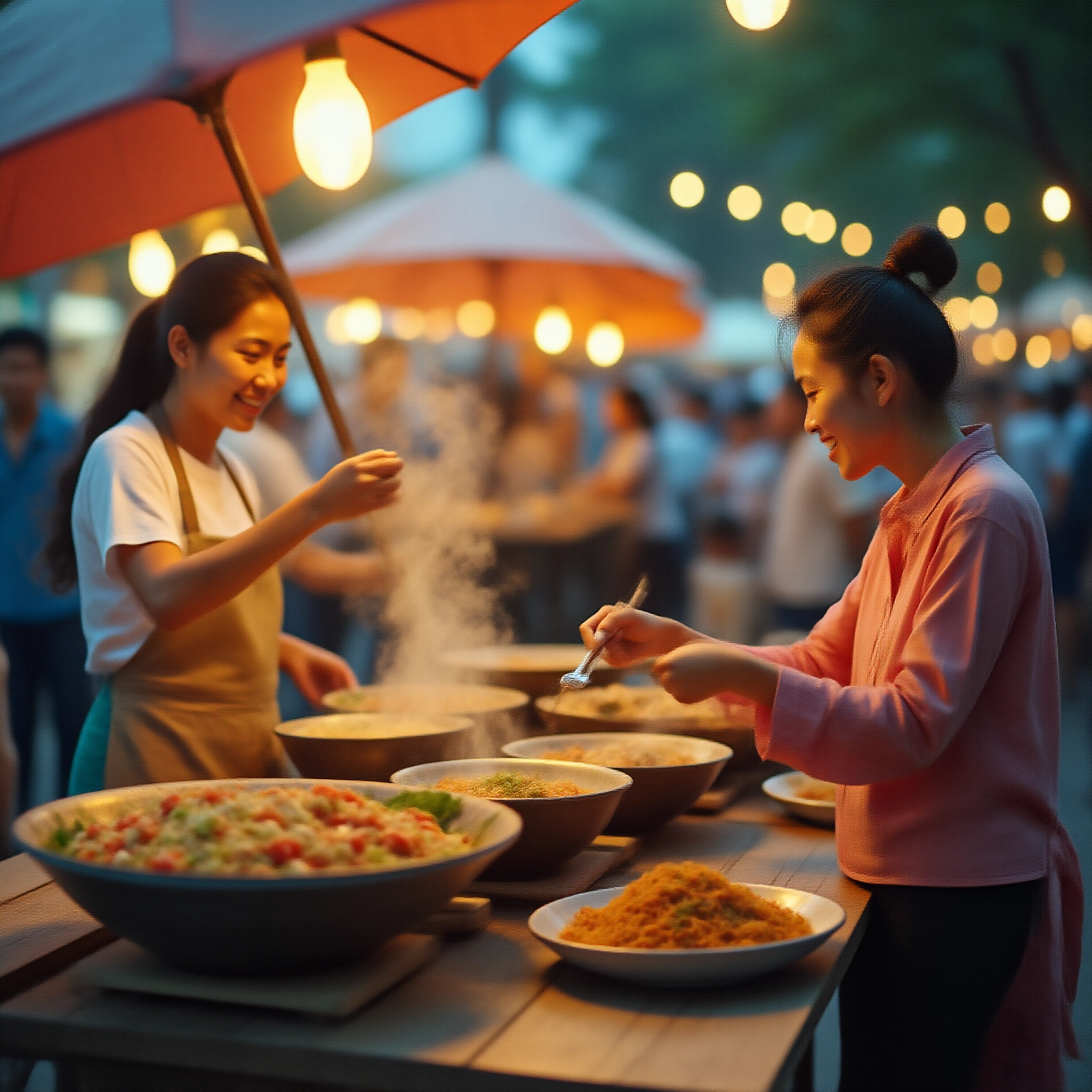 Traveler enjoying street food with local vendor
